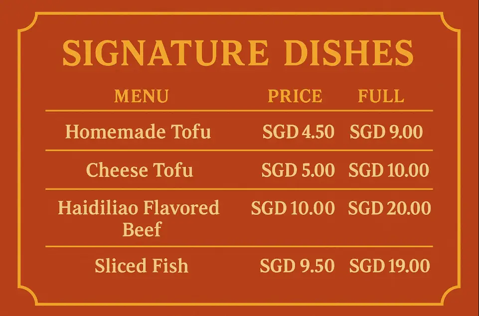 HAIDILAO SIGNATURE DISHES singpore menu