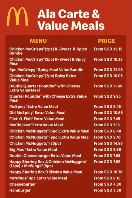 MCDONALDS ALA CARTE & VALUE MEALS MENU SINGPORE