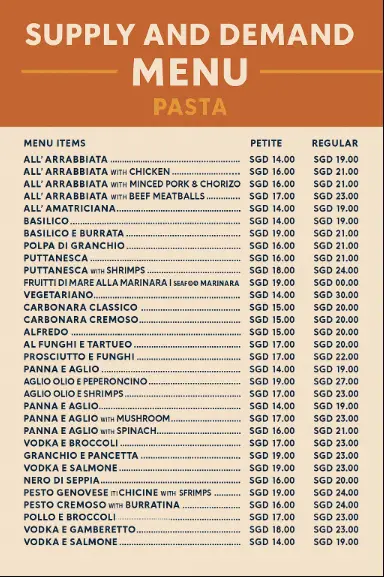 SUPPLY AND DEMAND MENU PASTA SINGAPORE