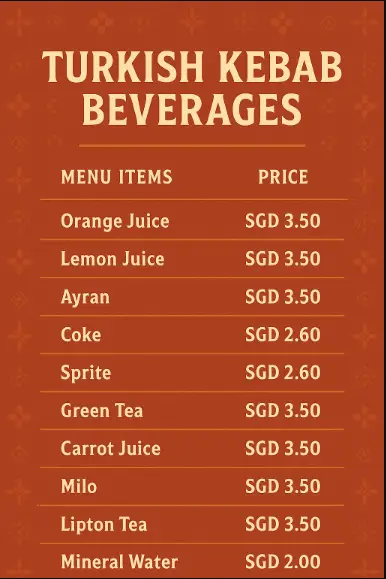 TURKISH KEBAB BEVERAGES MENU SINGAPORE