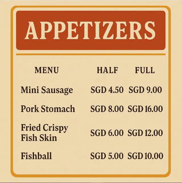 海底捞 MENU – APPETIZERS singpore